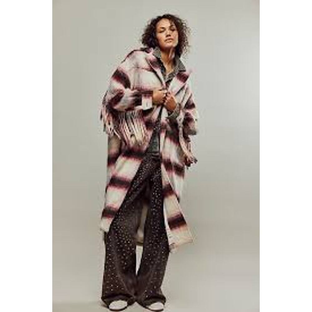 Free People  Pressley Fringe Striped Coat Cream Size M/L - Picture 2 of 10